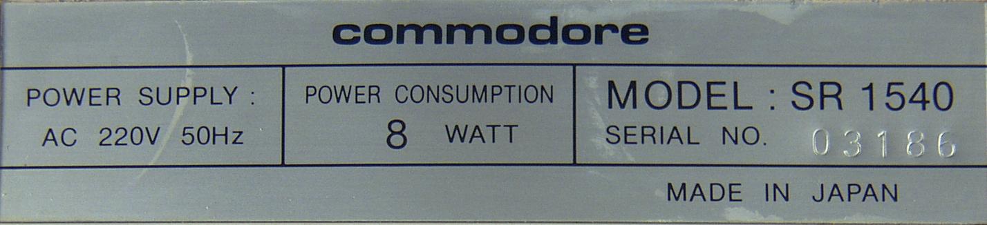 Commodore SR 1540, Typenschild