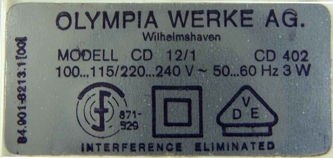 Olympia CD 402 84.901-6001.9, Typenschild