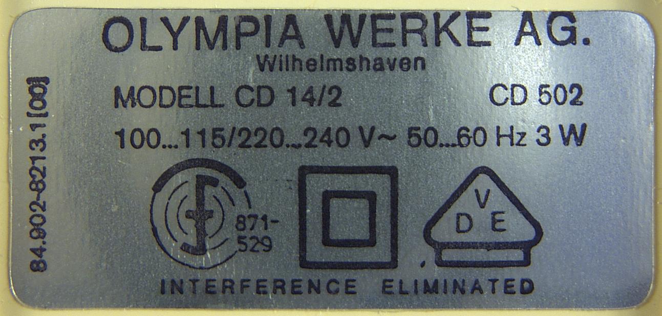 Olympia CD 502 84.902-6001.9, Typenschild
