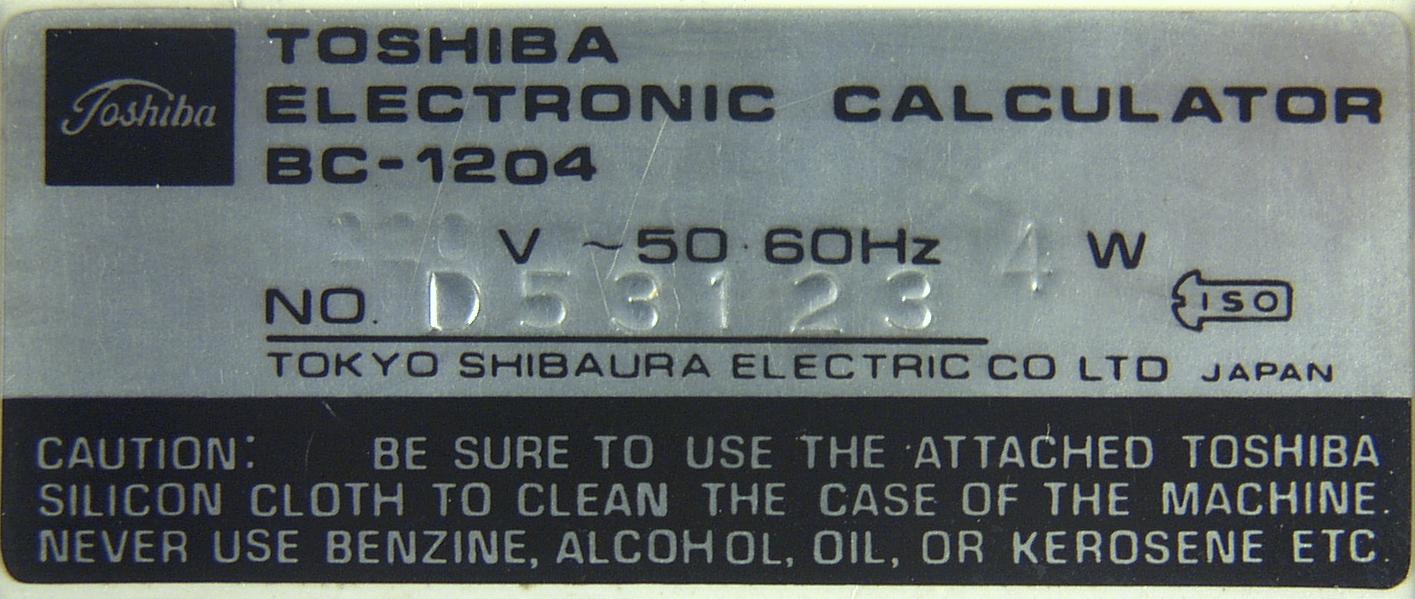 Toshiba BC-1204, Typenschild
