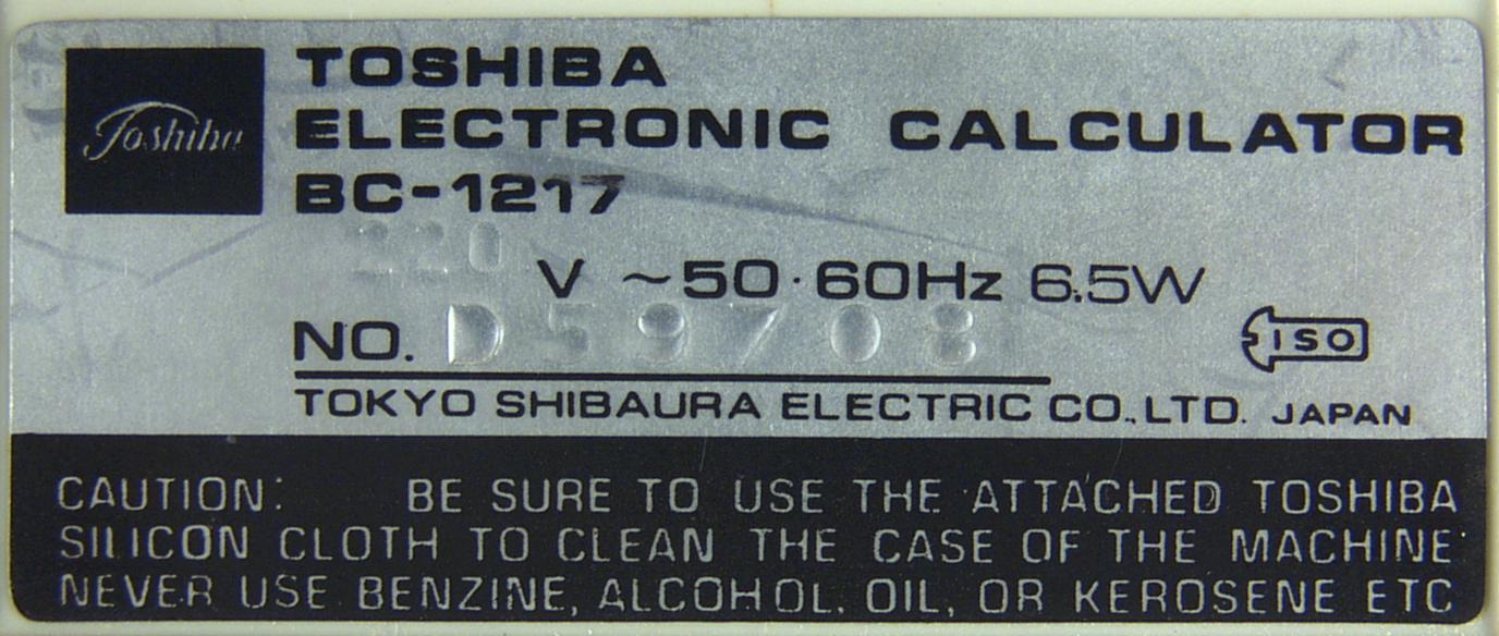 Toshiba BC-1217, Typenschild