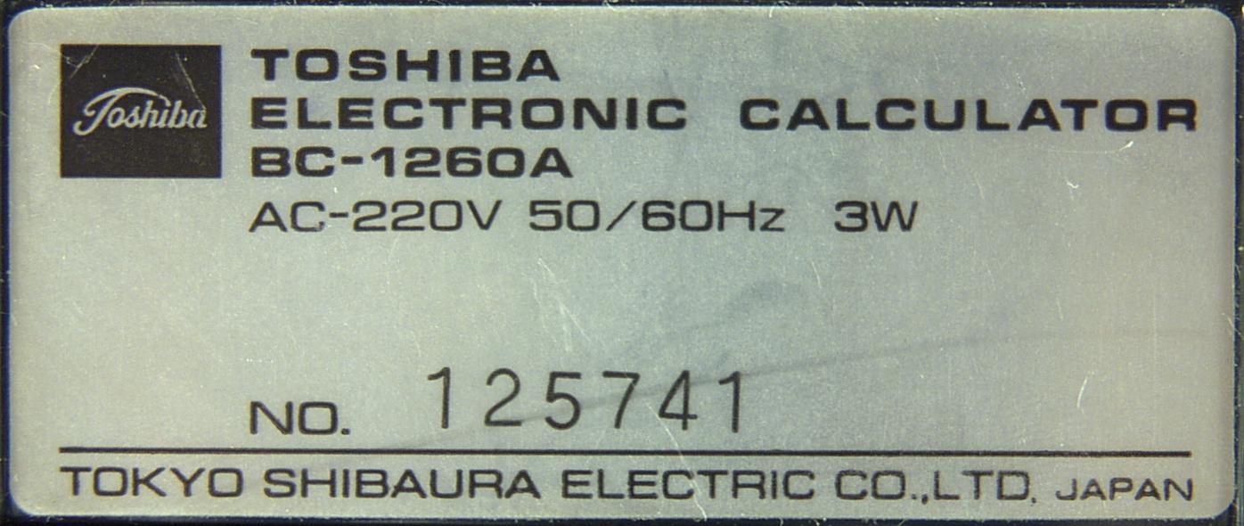 Toshiba BC-1260A, Typenschild