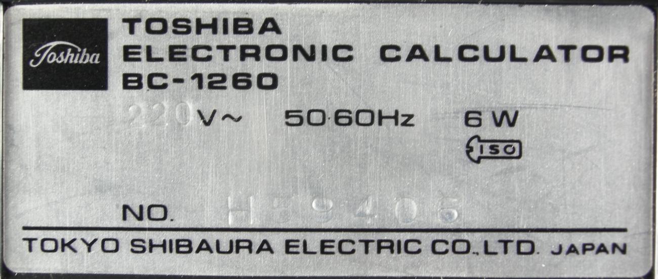Toshiba BC-1260, Typenschild