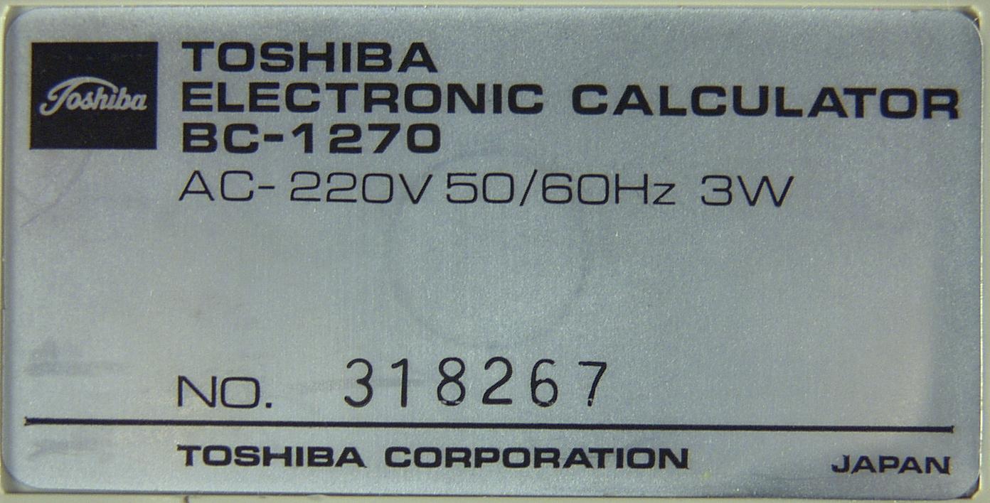 Toshiba BC-1270, Typenschild