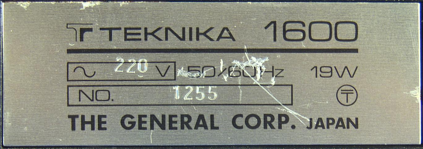 General Teknika 1600, Typenschild