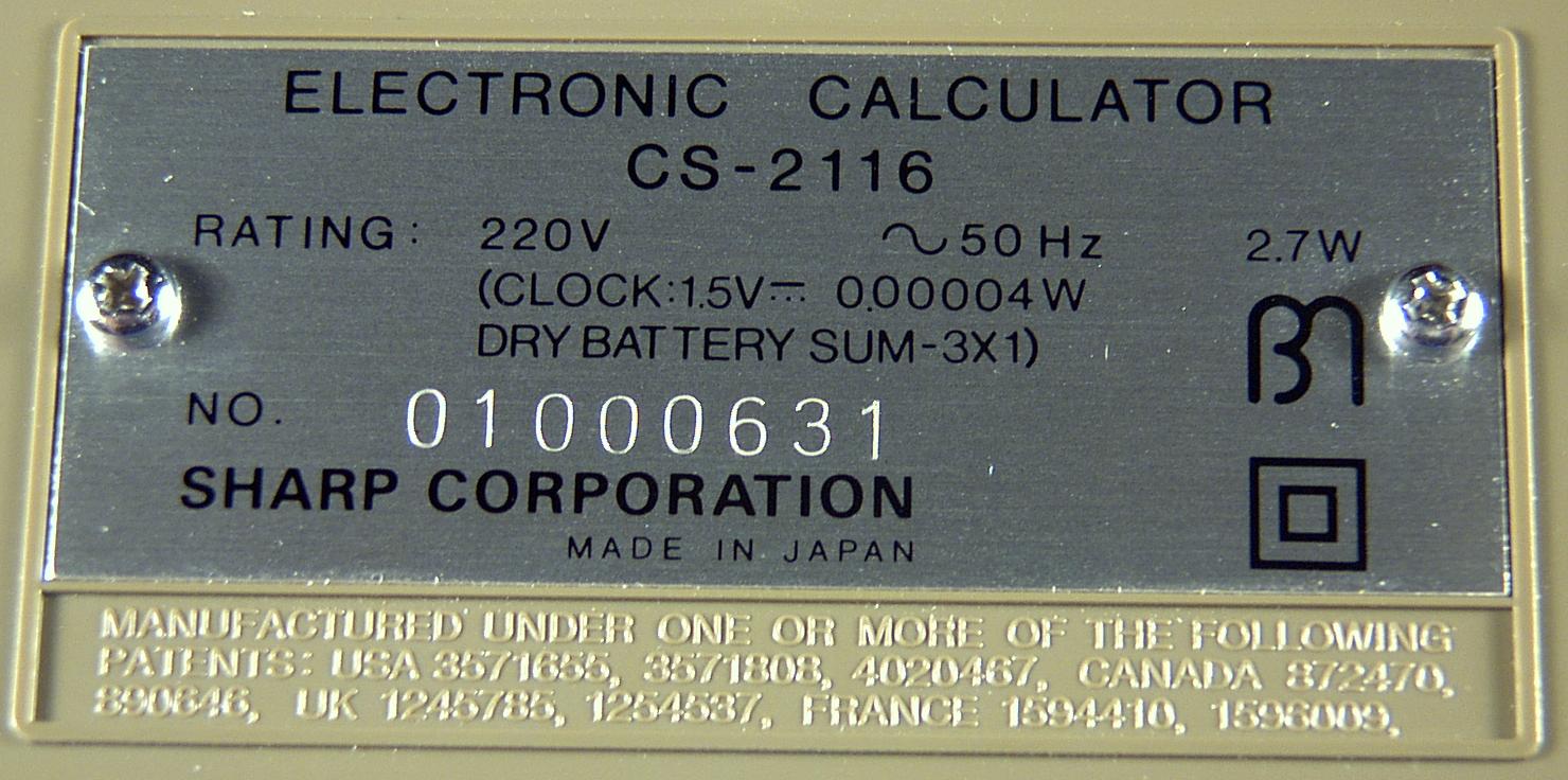 Sharp Compet CS-2116, Typenschild