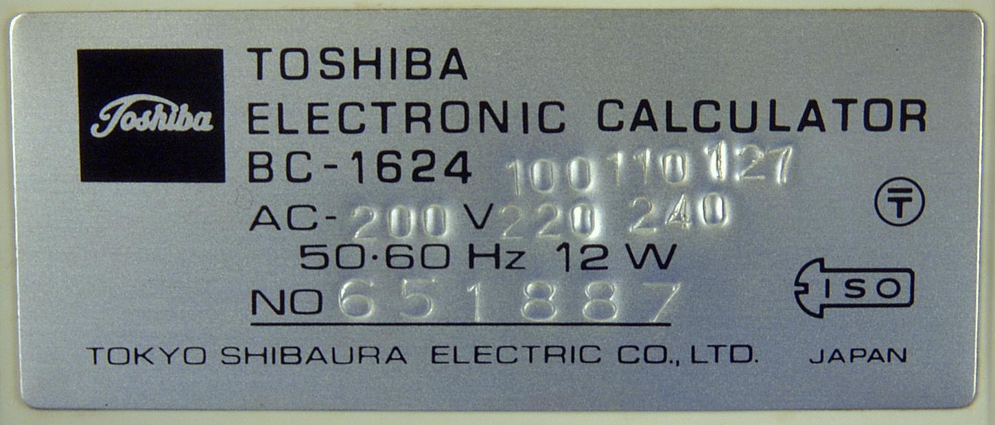 Toshiba BC-1624, Typenschild